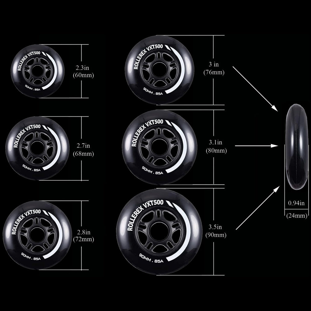 Rollerex VXT100 85A Kids Inline Skate Wheels 2-Pack 60-90mm - w/Bearings