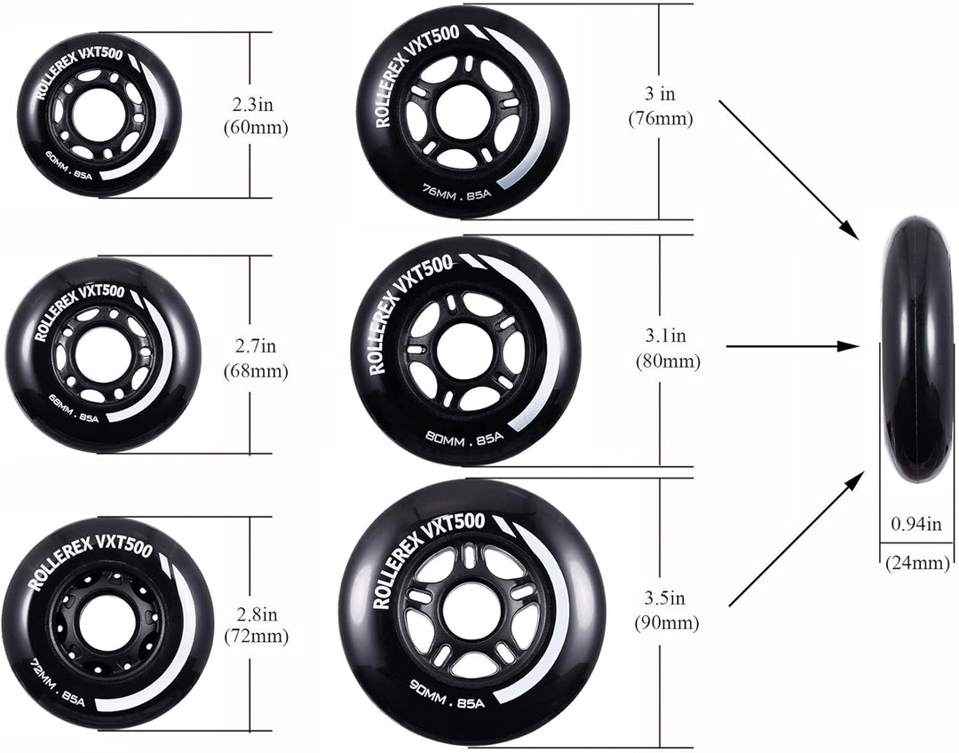 Rollerex VXT100 85A Kids Inline Skate Wheels 2-Pack 60-90mm - w/Bearings