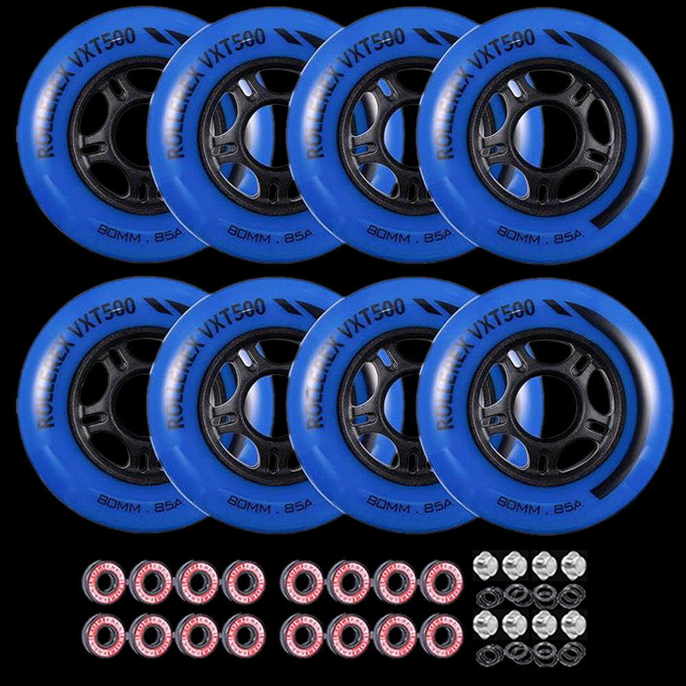 Rollerex VXT500 85A Inline Skate Wheels 8-Pack w/Bearings 72-80mm - 6 Colors