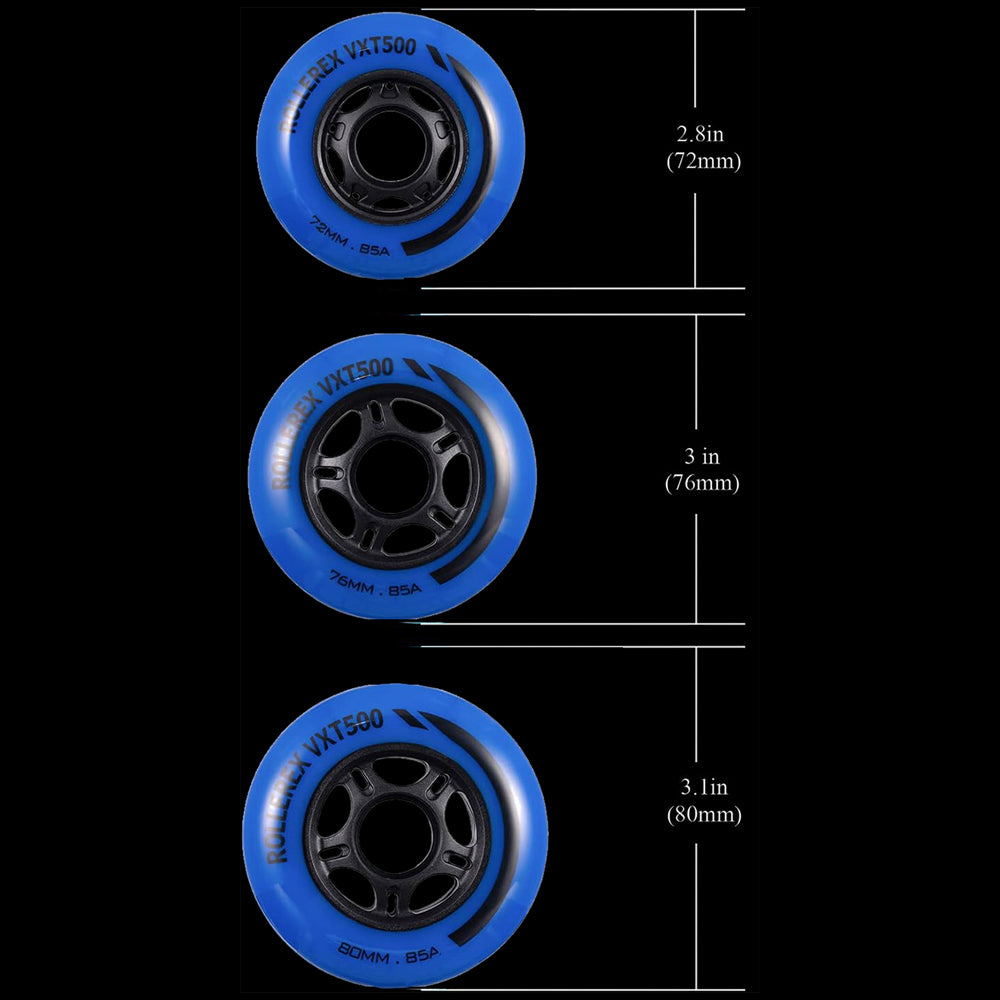 Rollerex VXT500 85A Inline Skate Wheels 8-Pack w/Bearings 72-80mm - 6 Colors