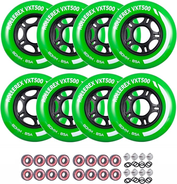 Rollerex VXT500 85A Inline Skate Wheels 8-Pack w/Bearings 72-80mm - 6 Colors
