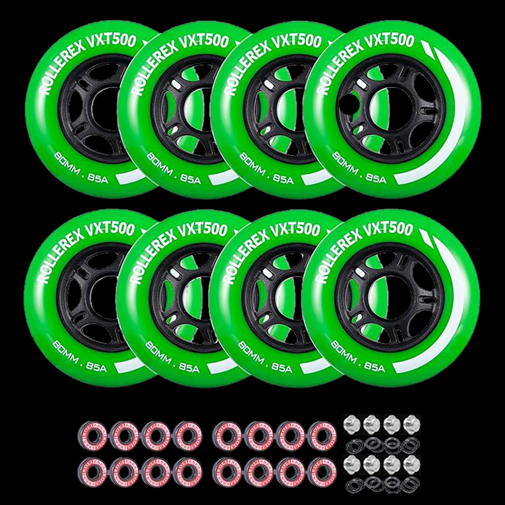 Rollerex VXT500 85A Inline Skate Wheels 8-Pack w/Bearings 72-80mm - 6 Colors