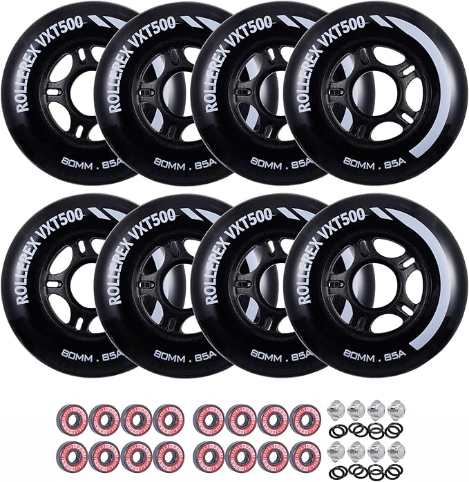 Rollerex VXT500 85A Inline Skate Wheels 8-Pack w/Bearings 72-80mm - 6 Colors