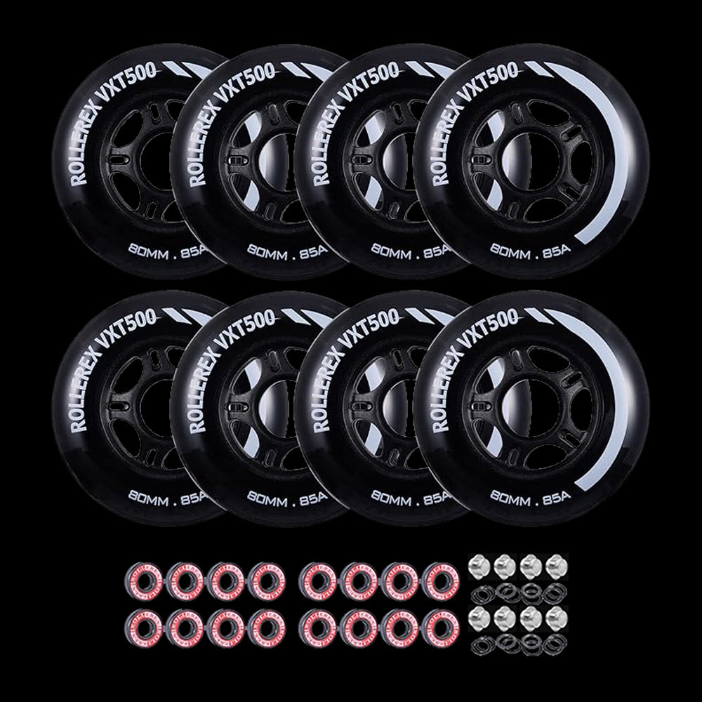 Rollerex VXT500 85A Inline Skate Wheels 8-Pack w/Bearings 72-80mm - 6 Colors