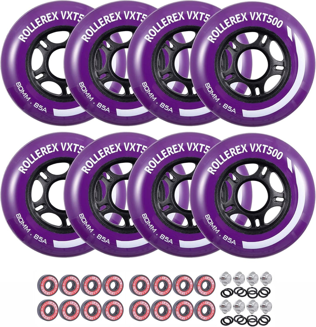 Rollerex VXT500 85A Inline Skate Wheels 8-Pack w/Bearings 72-80mm - 6 Colors