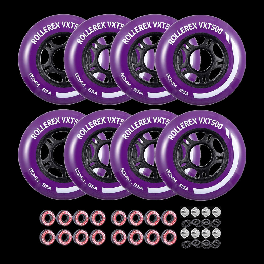 Rollerex VXT500 85A Inline Skate Wheels 8-Pack w/Bearings 72-80mm - 6 Colors