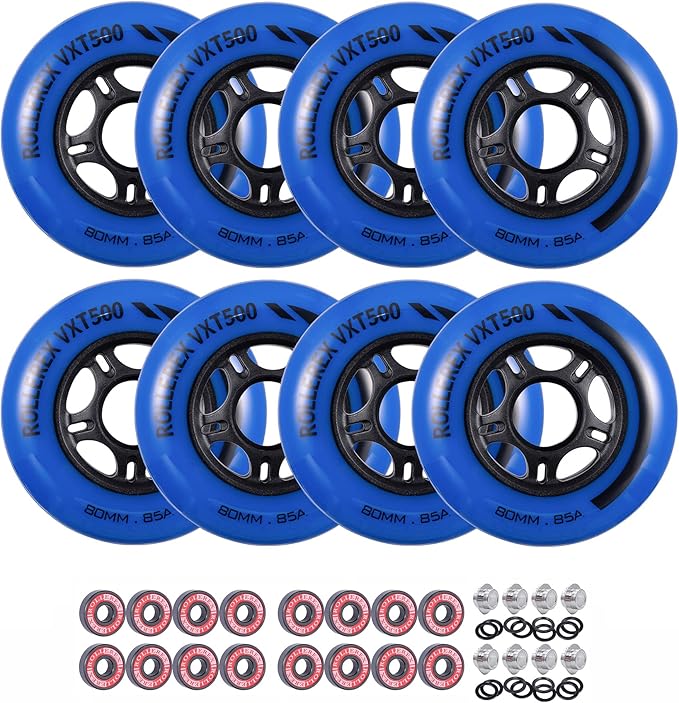 Rollerex VXT500 85A Inline Skate Wheels 8-Pack w/Bearings 72-80mm - 6 Colors