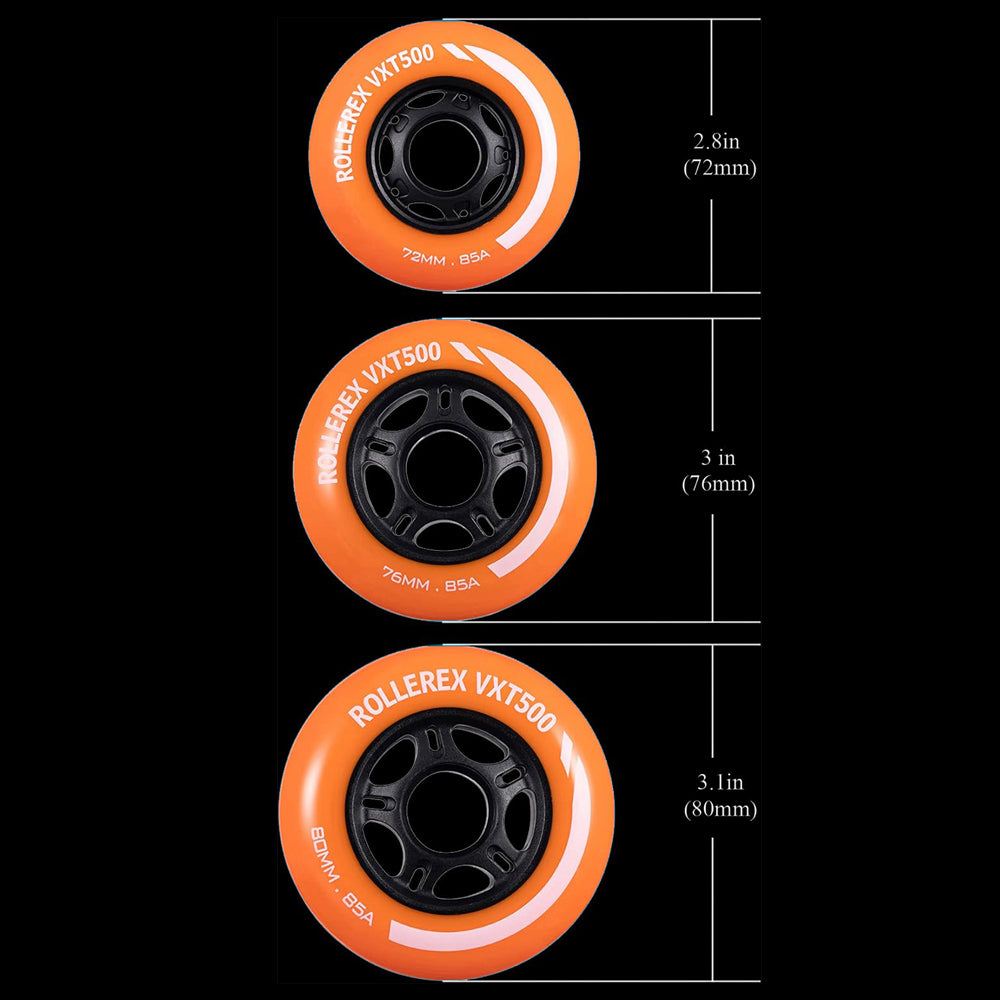 Rollerex VXT500 85A Inline Skate Wheels 8-Pack w/Bearings 72-80mm - 6 Colors