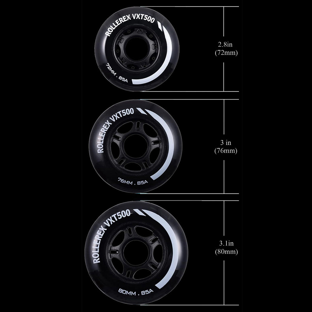 Rollerex VXT500 85A Inline Skate Wheels 8-Pack w/Bearings 72-80mm - 6 Colors