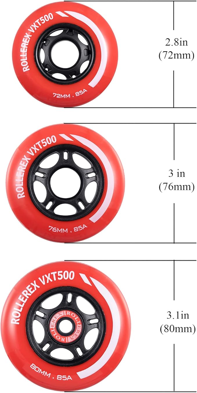 Rollerex VXT500 85A Inline Skate Wheels 8-Pack w/Bearings 72-80mm - 6 Colors
