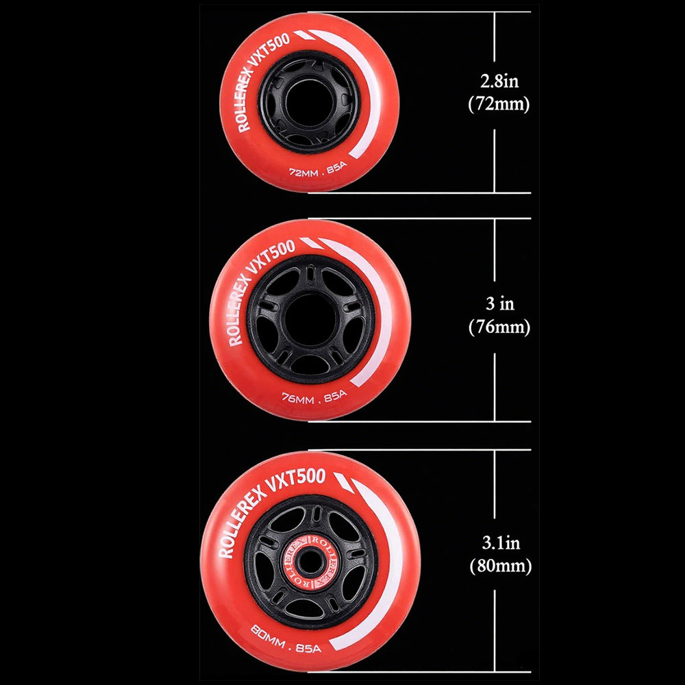 Rollerex VXT500 85A Inline Skate Wheels 8-Pack w/Bearings 72-80mm - 6 Colors