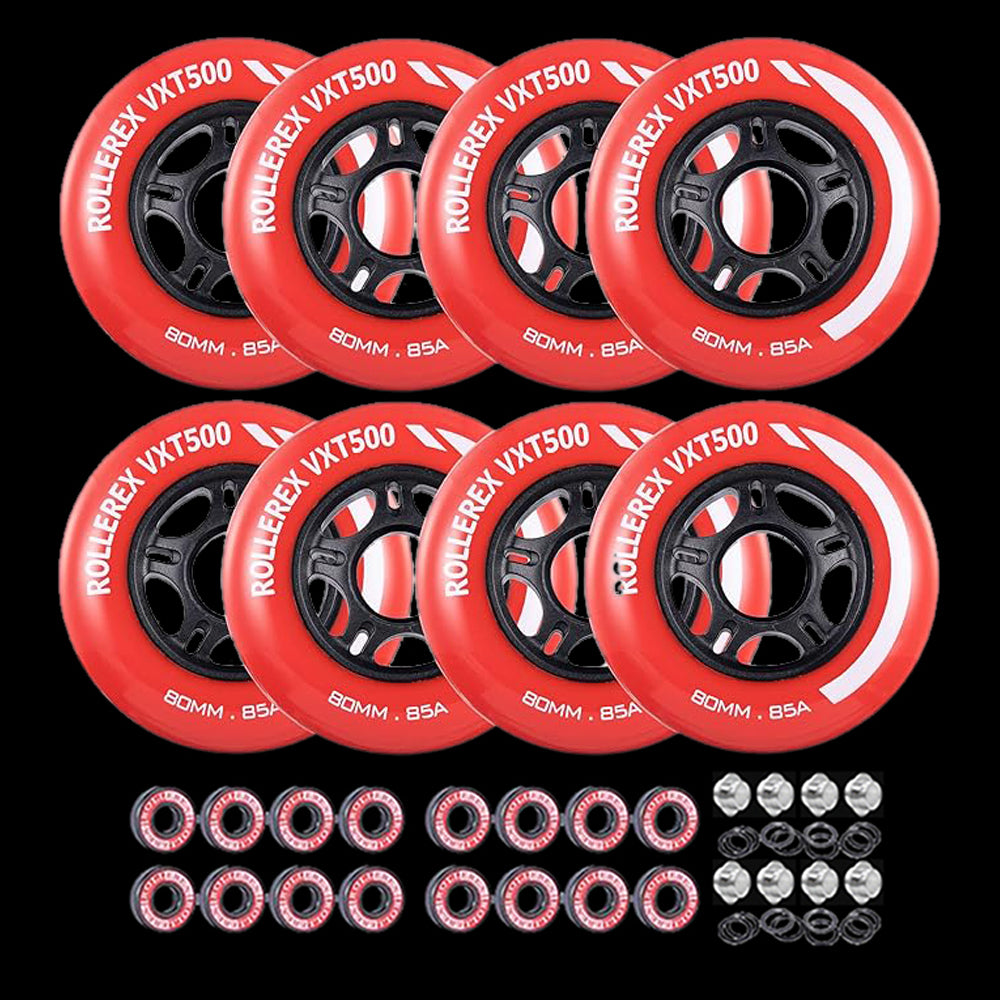 Rollerex VXT500 85A Inline Skate Wheels 8-Pack w/Bearings 72-80mm - 6 Colors