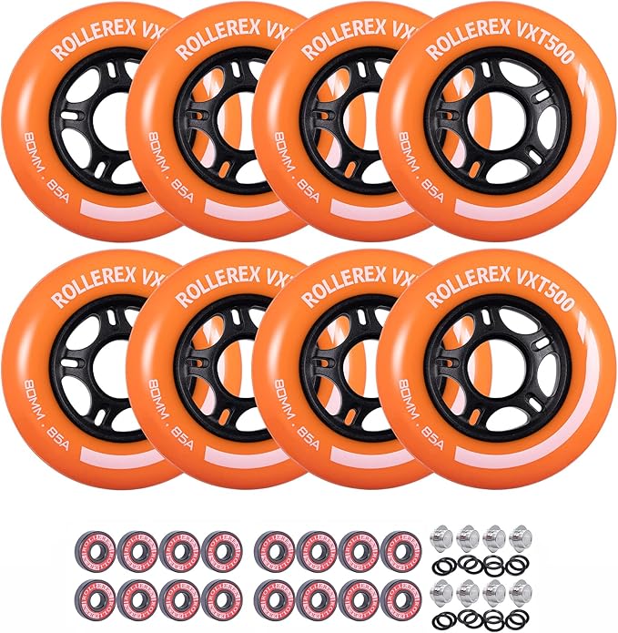 Rollerex VXT500 85A Inline Skate Wheels 8-Pack w/Bearings 72-80mm - 6 Colors