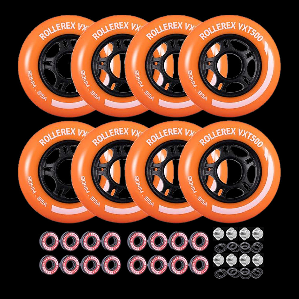 Rollerex VXT500 85A Inline Skate Wheels 8-Pack w/Bearings 72-80mm - 6 Colors