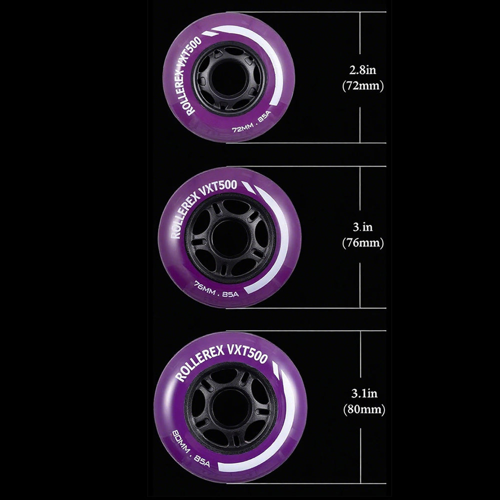 Rollerex VXT500 85A Inline Skate Wheels 8-Pack w/Bearings 72-80mm - 6 Colors