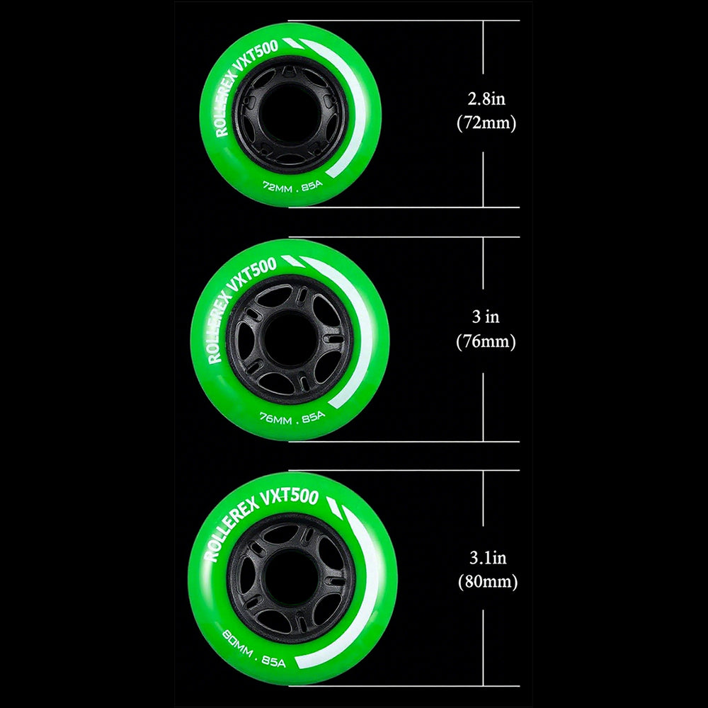 Rollerex VXT500 85A Inline Skate Wheels 8-Pack w/Bearings 72-80mm - 6 Colors