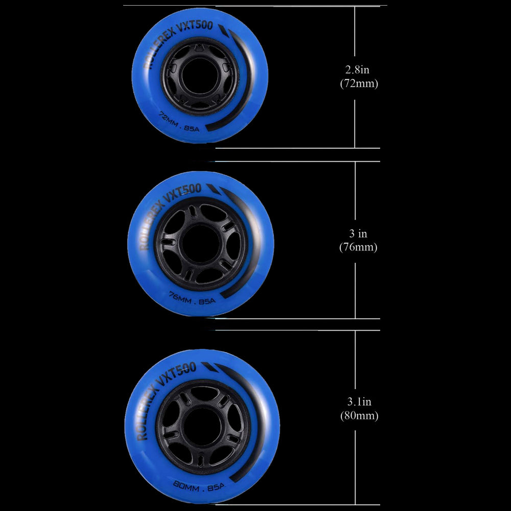 Rollerex VXT500 85A Inline Skate Wheels 8-Pack 72-80mm - 6 Colors
