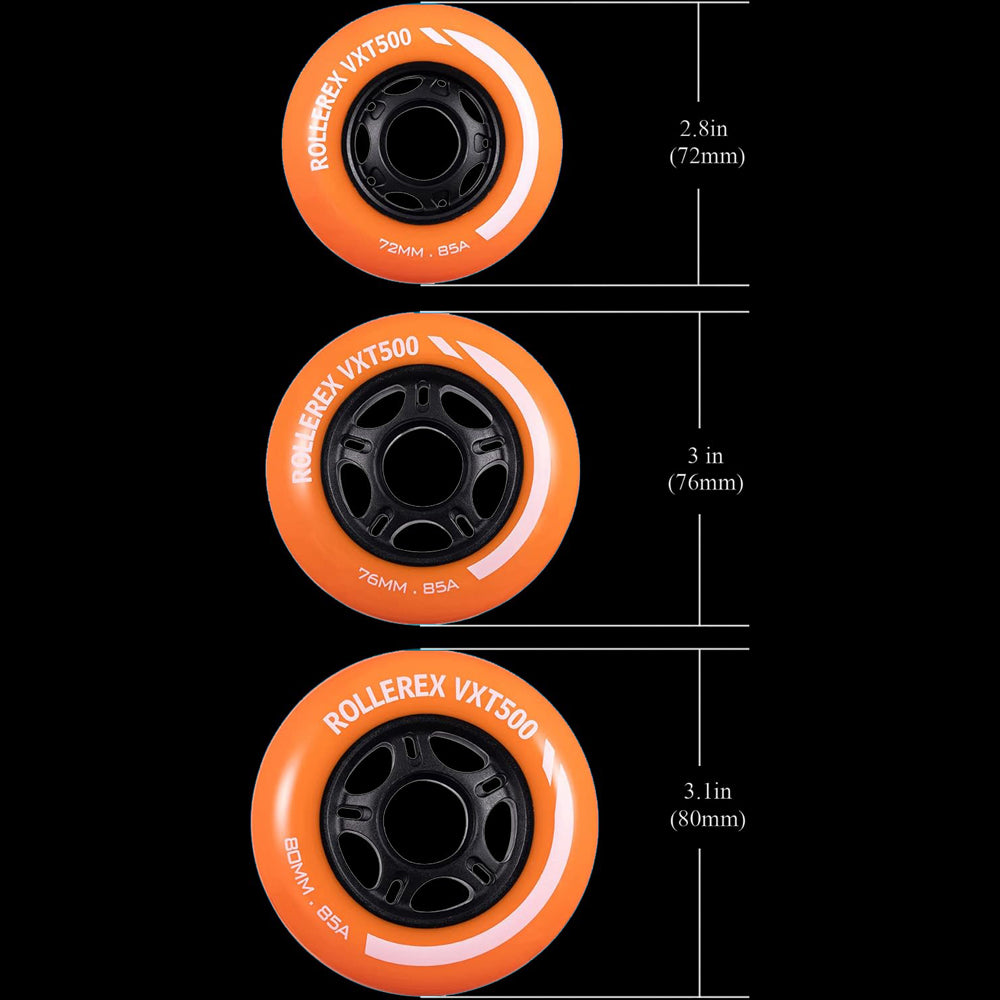 Rollerex VXT500 85A Inline Skate Wheels 8-Pack 72-80mm - 6 Colors