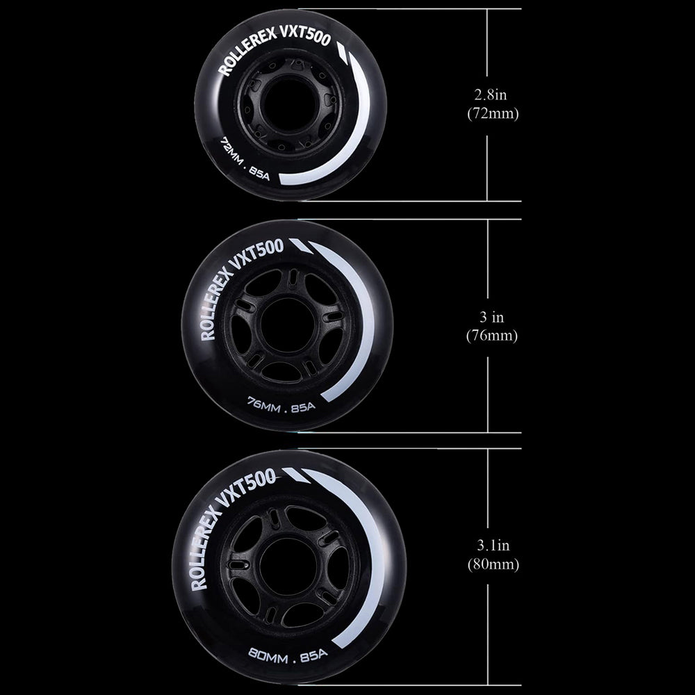 Rollerex VXT500 85A Inline Skate Wheels 8-Pack 72-80mm - 6 Colors