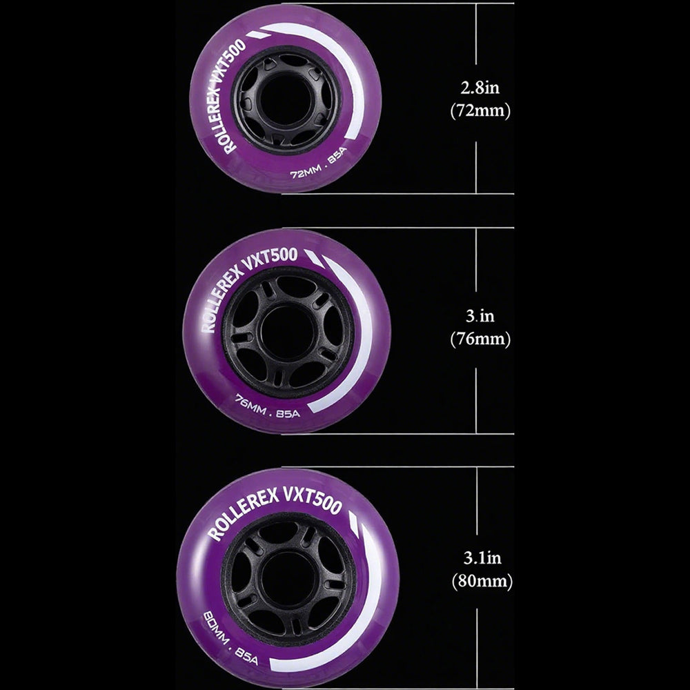 Rollerex VXT500 85A Inline Skate Wheels 8-Pack 72-80mm - 6 Colors
